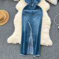 Chic hong kong style retro denim dress - designer raw hem slit slim fit midi slip dress - women's summer fashion