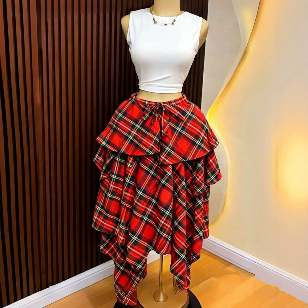 Colorful plaid elastic waistband free sizeasymmetrical hem large hem skirt tie backfashioneasiest for match