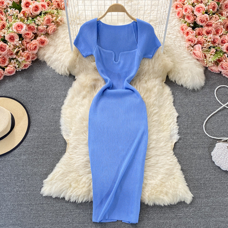 Fitted and slimming square neck knit dress - short sleeve,  summer new arrival, chic and sexy, bodycon maxi dress