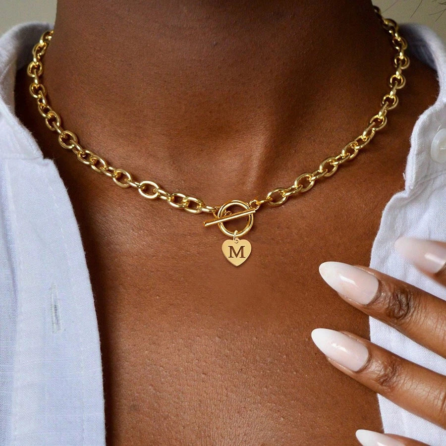 Amazon cross-border new arrival initial necklace stainless steel heart pendant clasp necklace fashionable elegant versatile women's necklace