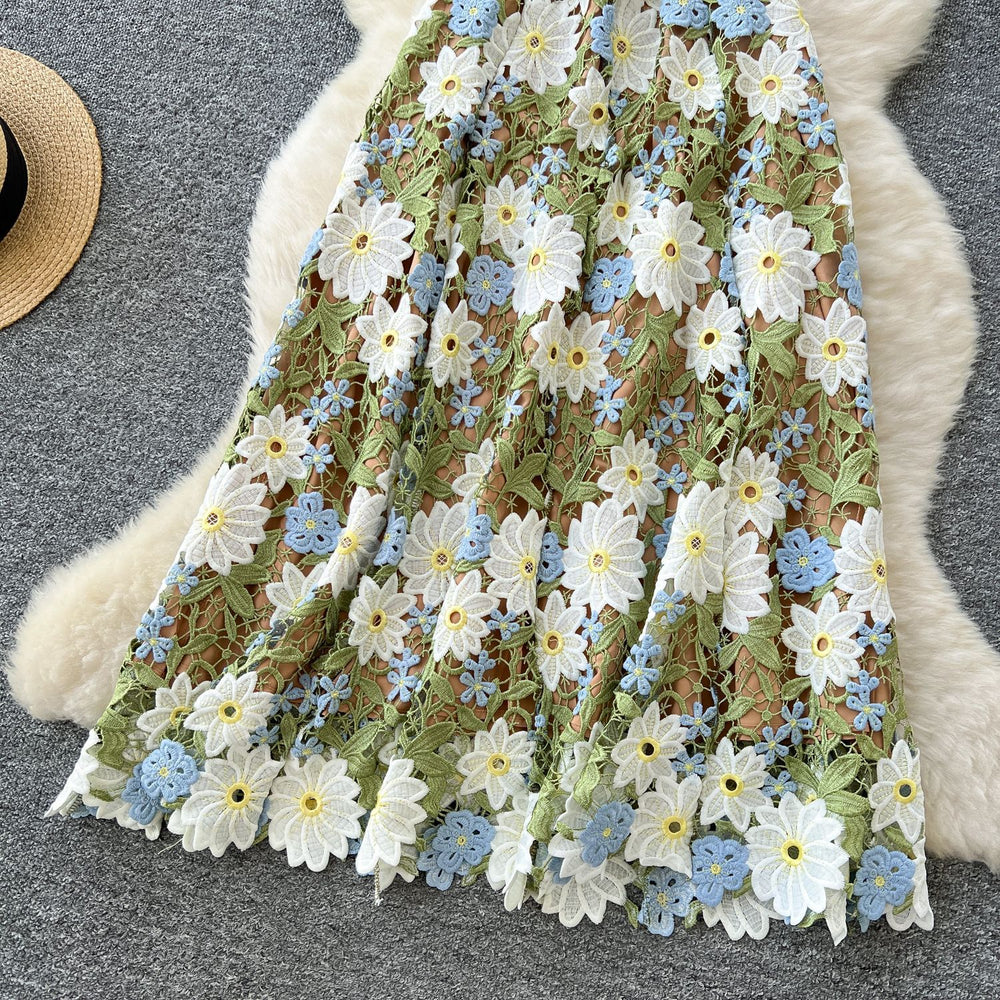 High-end women's luxury party dress: exquisite colorful hollow-out crochet lace camisole dress with cinched waist - summer  collection