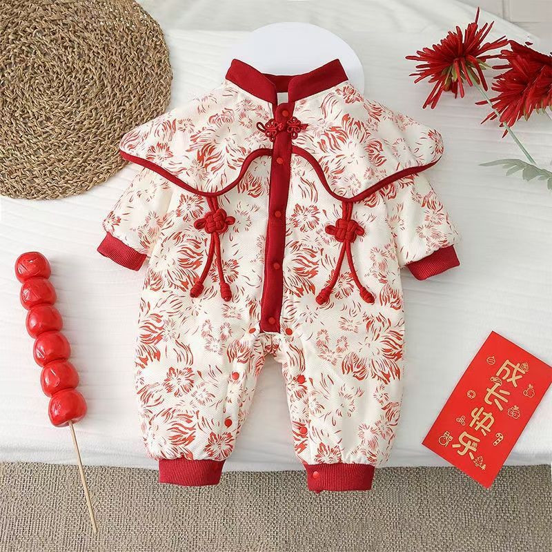 Baby winter baby girl full month fall and winter hundred days dress one-piece princess medium thick chinese style one year old outing one-piece
