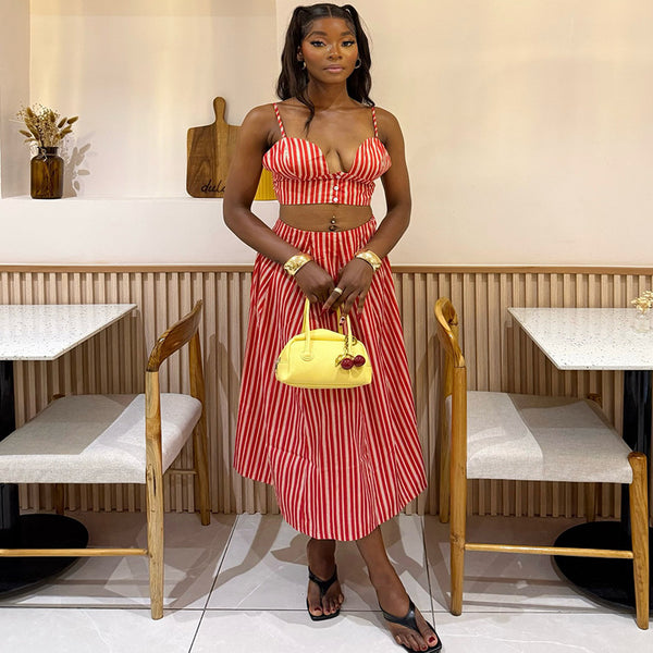 European and American  women's clothing 2025 autumn new fashionable and fresh suspender vest waist striped large skirt set