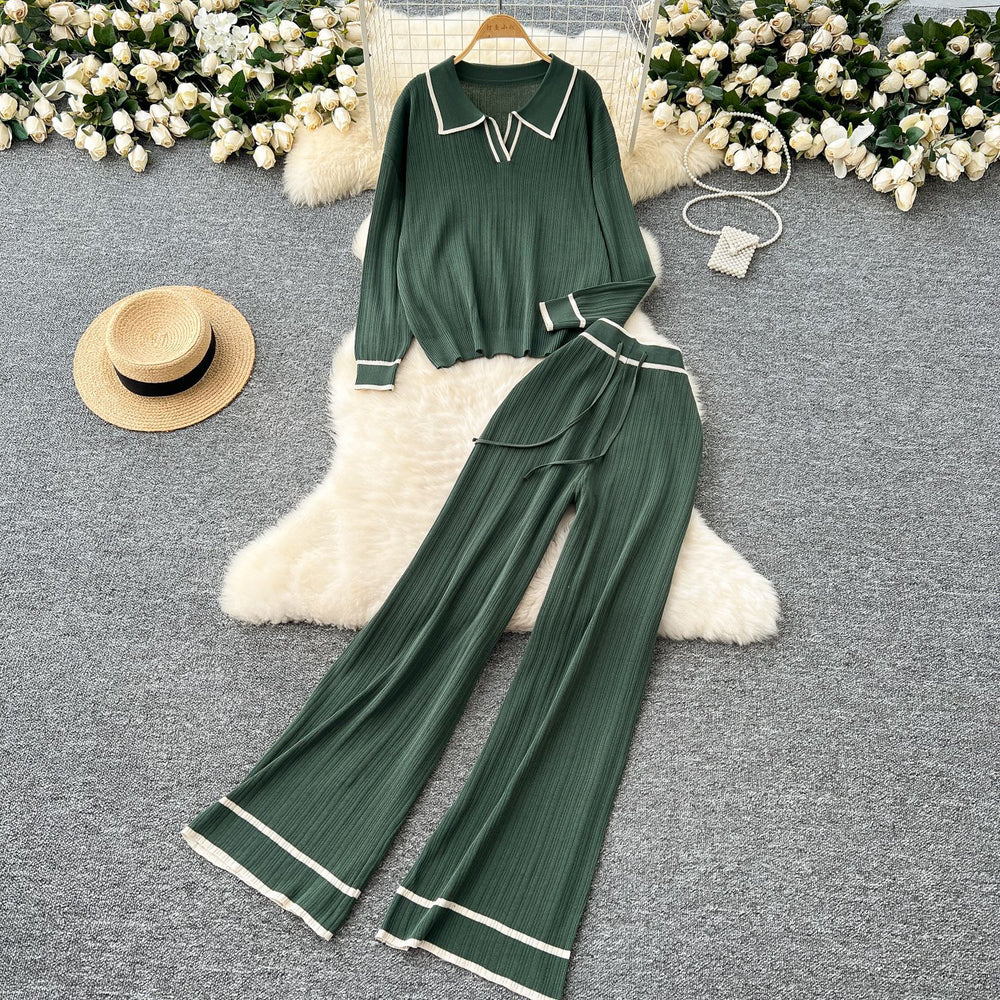 Knitting shirt two-piece set women's fall and winter lazy style easiest for matchretro lapel pullover sweaterhigh waistcasual wide-leg pants