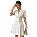 european and american/russian  autumn new arrival short-sleeve solid color cinched waist double-breasted dress