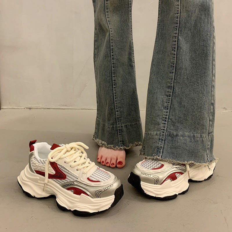 Silver chunky sneakers for women, new spring/summer 2026 collection: platform, height increasing, slimming, lightweight, breathable, versatile casual athletic shoes
