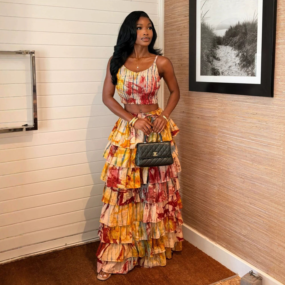 European and american cross-border women's fashion:  summer new collection - sleeveless printed cami top and ruffle hem skirt set