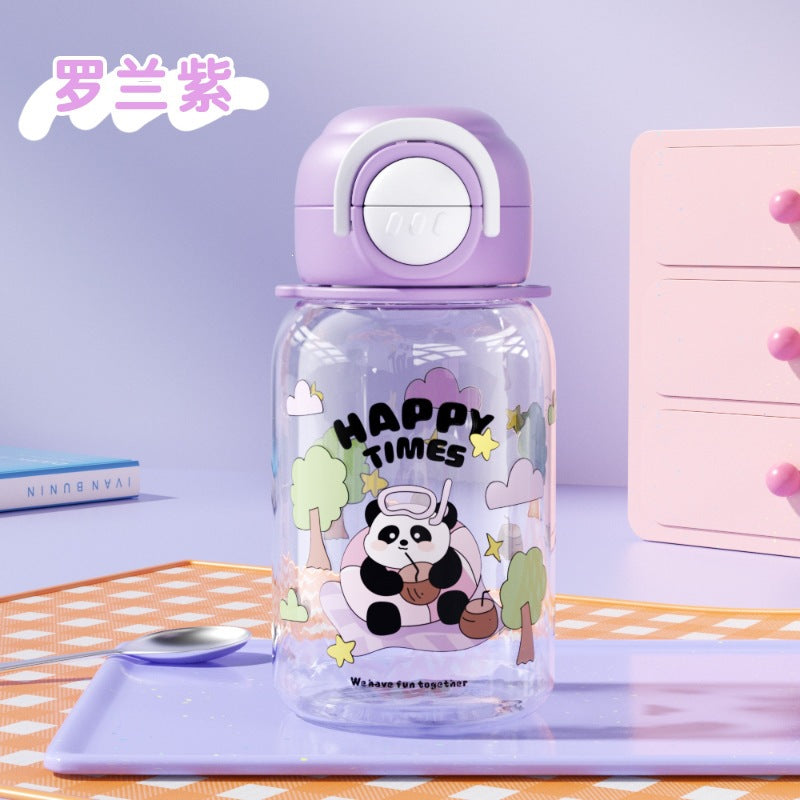 Cartoon panda kids water bottle, plastic cup, student food-grade double-drink straw cup with strap, portable water bottle, large capacity