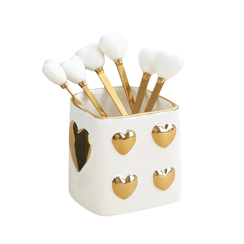 Luxury nordic-style heart-shaped ceramic utensil holder with stainless steel fruit tea spoons – perfect for afternoon tea and dessert forks