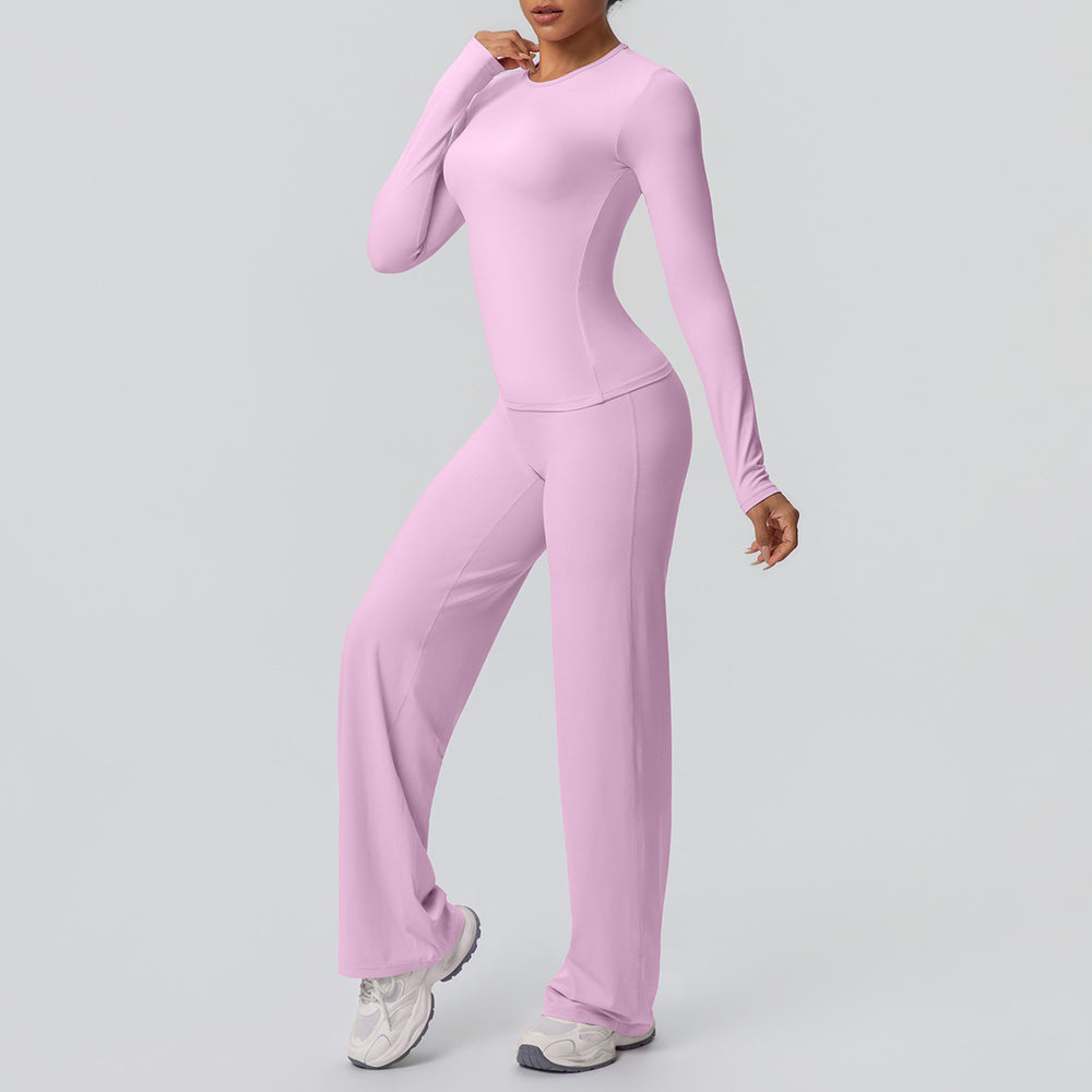 Cloud-feel outdoor casual yoga outfit: long-sleeve t-shirt top & high-waisted wide-leg active wear set for running and fitness
