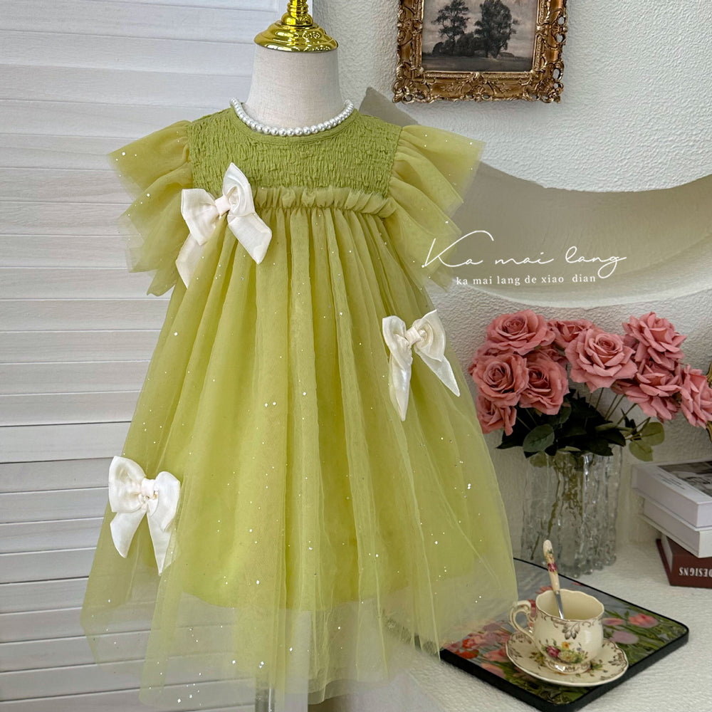 Girls' dress : stylish bowknot mesh princess dress, korean style flutter sleeve dress
