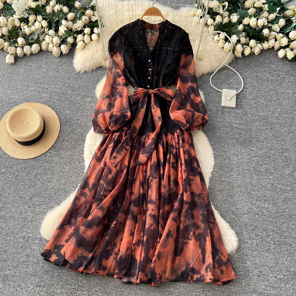 Gentle wind lacepatchworkelegantdress women's summerclassy sense of binding color matching waist printing long skirt work clothing