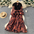 Gentle wind lacepatchworkelegantdress women's summerclassy sense of binding color matching waist printing long skirt work clothing