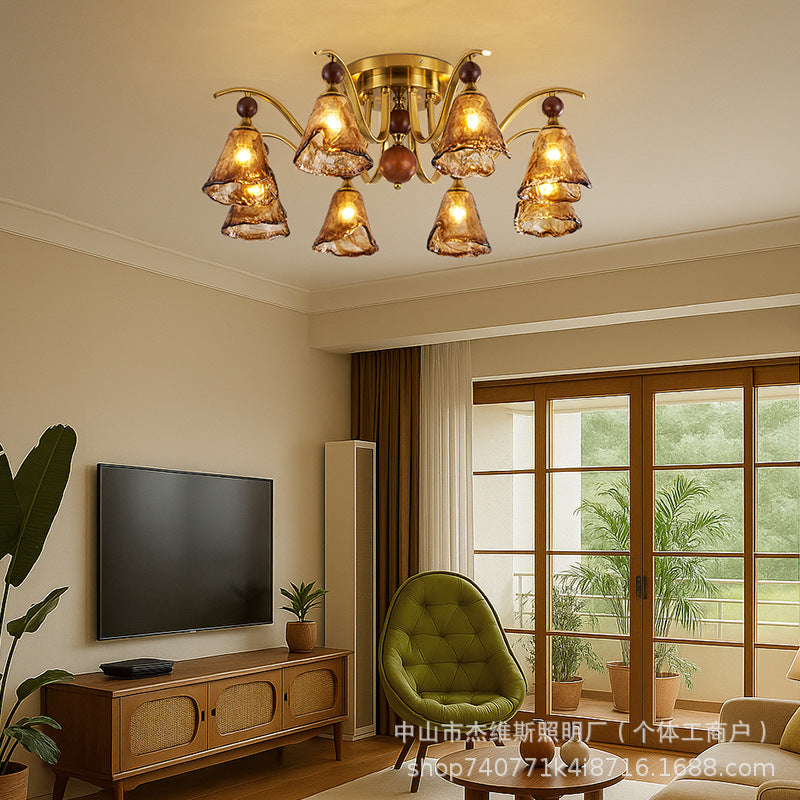 French retro solid wood round bead multi-head gradient caramel wave glass bedroom main light b&b study american atmosphere