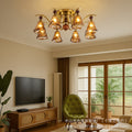 French retro solid wood round bead multi-head gradient caramel wave glass bedroom main light b&b study american atmosphere