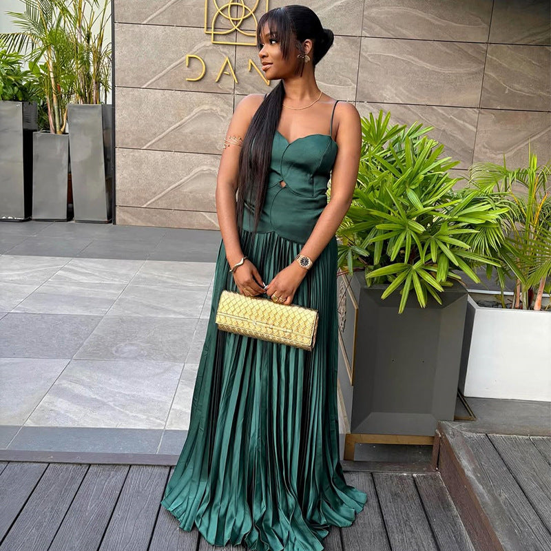 European and american cross-border women's fashion  summer new arrival: elegant green irregular camisole top and pleated midi skirt set