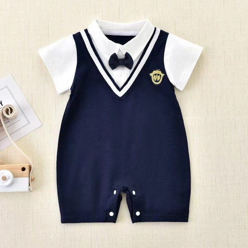 Infant and toddler boys' summer first birthday faux two-piece bow tie romper, stylish preppy gentleman short-sleeve onesie