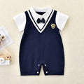 Infant and toddler boys' summer first birthday faux two-piece bow tie romper, stylish preppy gentleman short-sleeve onesie