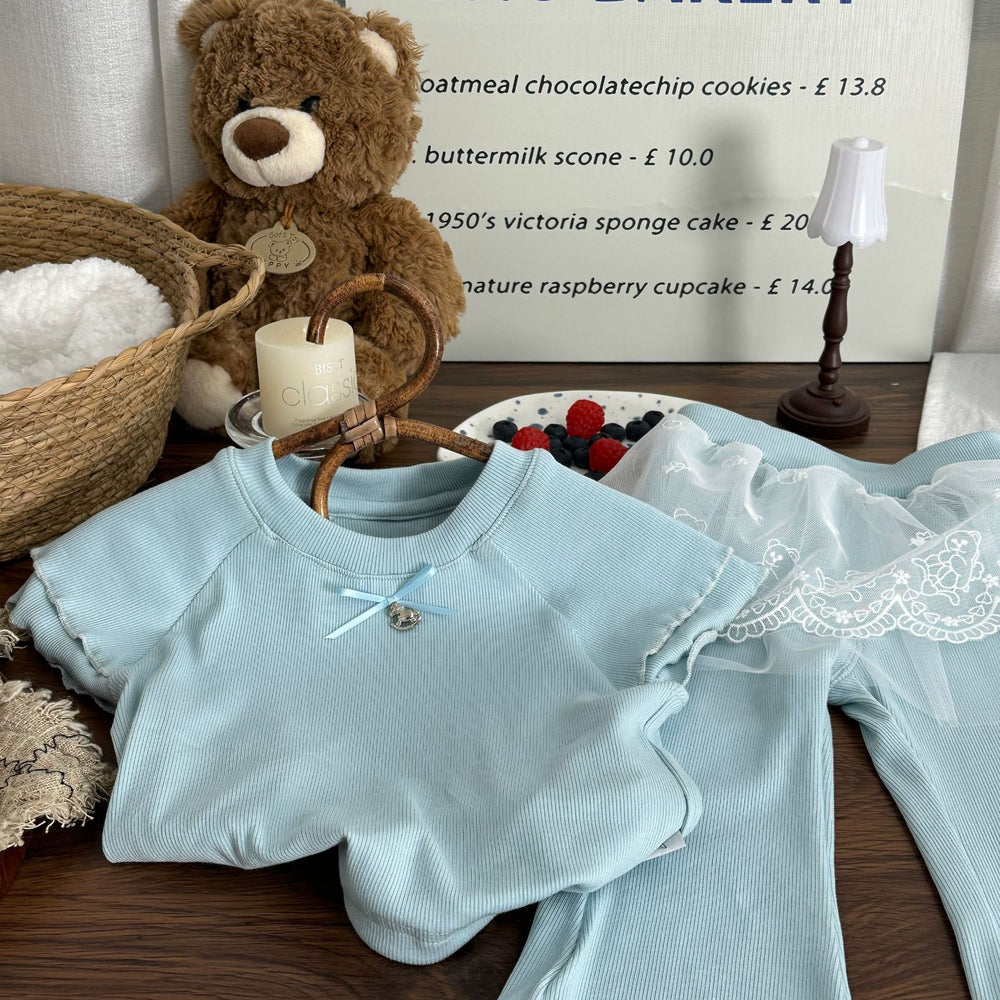 Girls' knitted summer outfit set : korean style cute lace trim straight-leg pants set - trendy