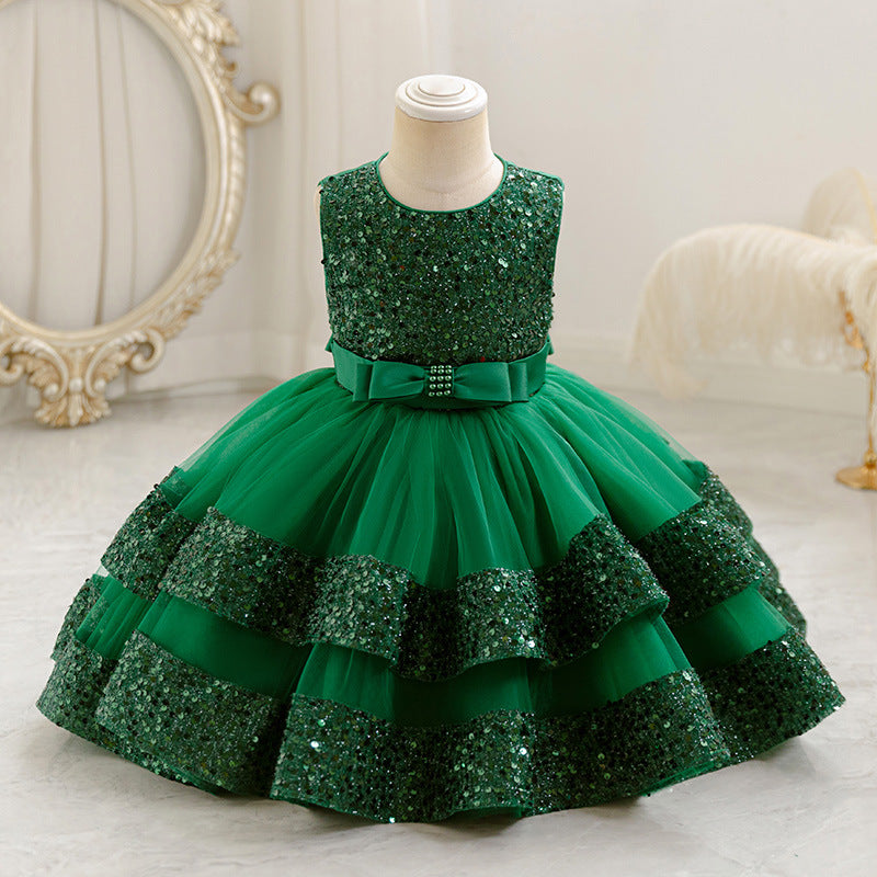 Girls' sequin patchwork round neck vest dress - stylish & customizable baby & toddler birthday & first birthday dress - oem available