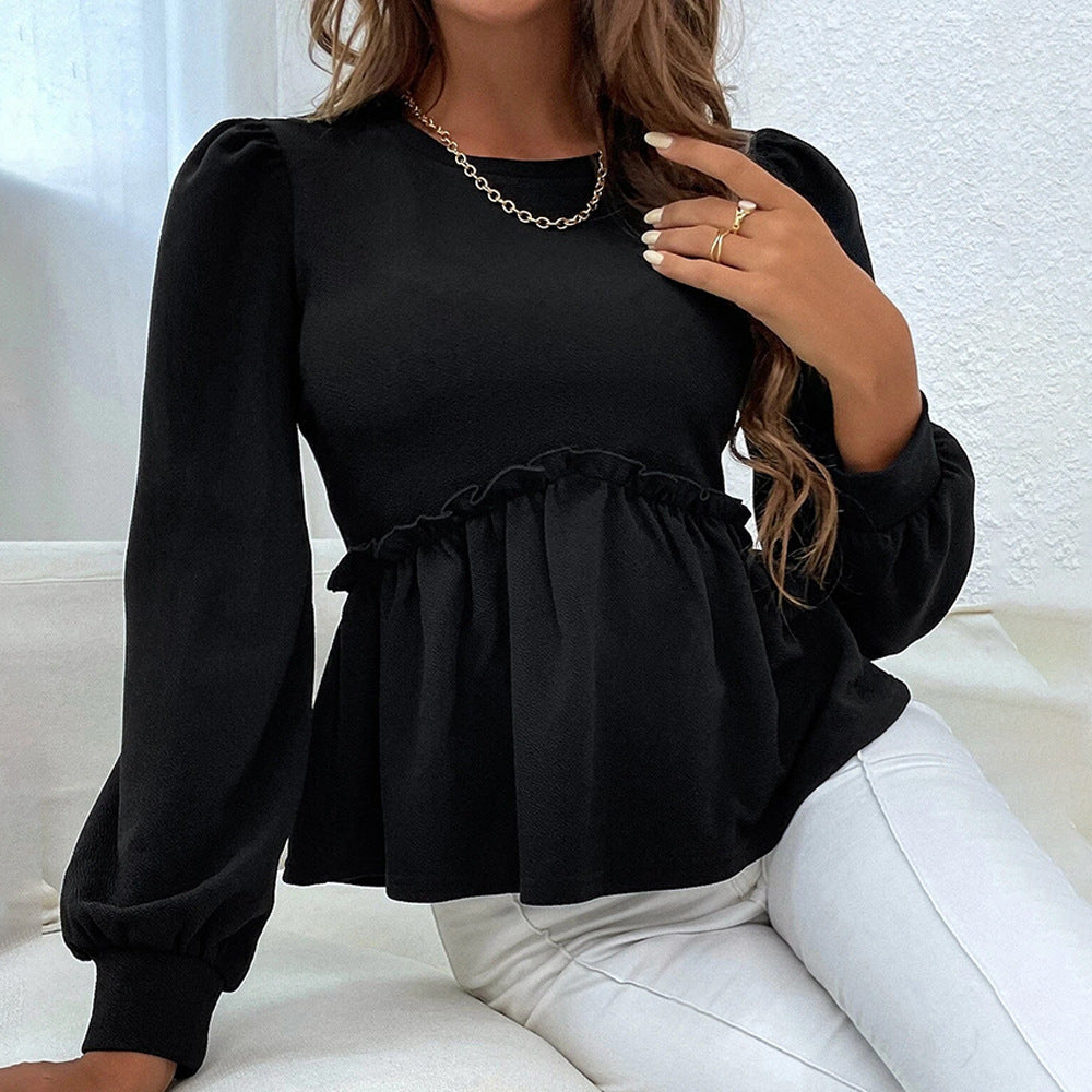Cross-border 2024 European and American women's clothing temperament commuter round neck bubble long-sleeved shirt ruffle edge design pullover top