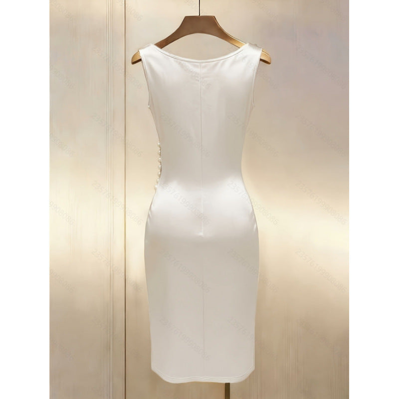 European and american cross-border women's summer new french elegant fashion satin sleeveless slim-fit midi dress