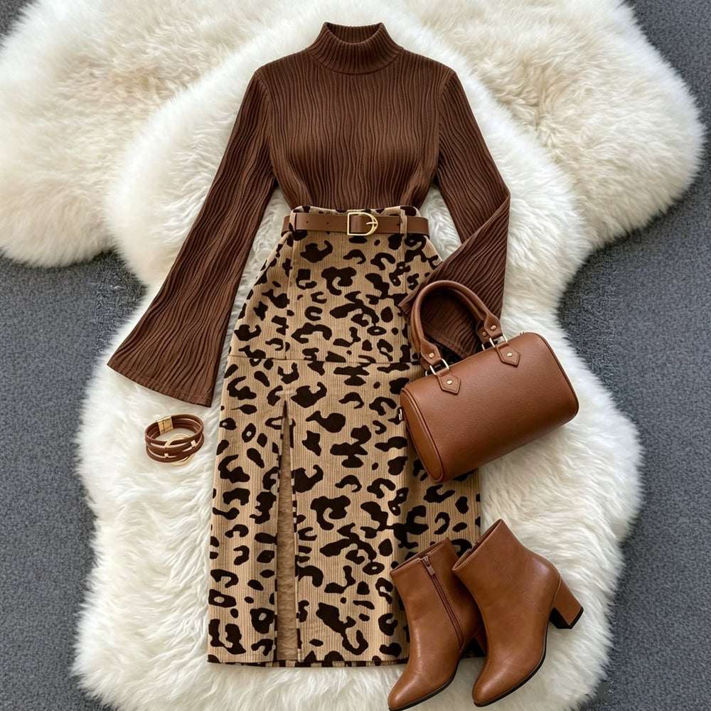 cross-border fashion women's elegant commute round neck flare long sleeve coffee leopard print midi skirt set