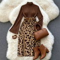 cross-border fashion women's elegant commute round neck flare long sleeve coffee leopard print midi skirt set