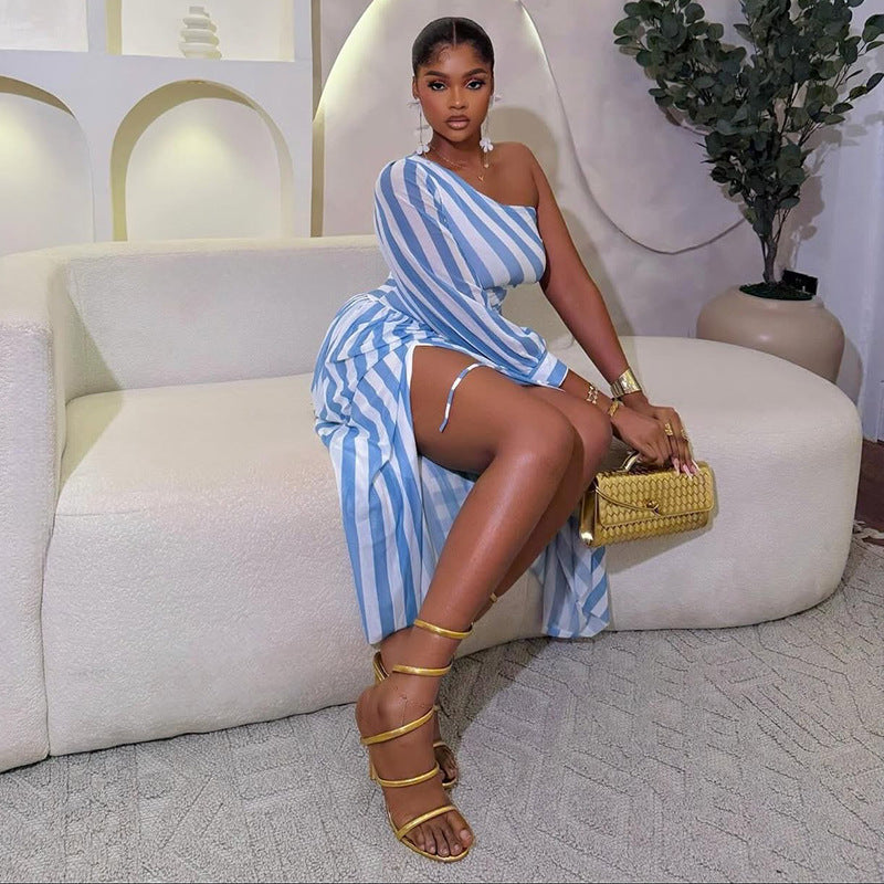 Fashion styleexportprinting women's slit stripes waist asymmetrical skirt one-shoulder slanted collar long sleevescasualdress