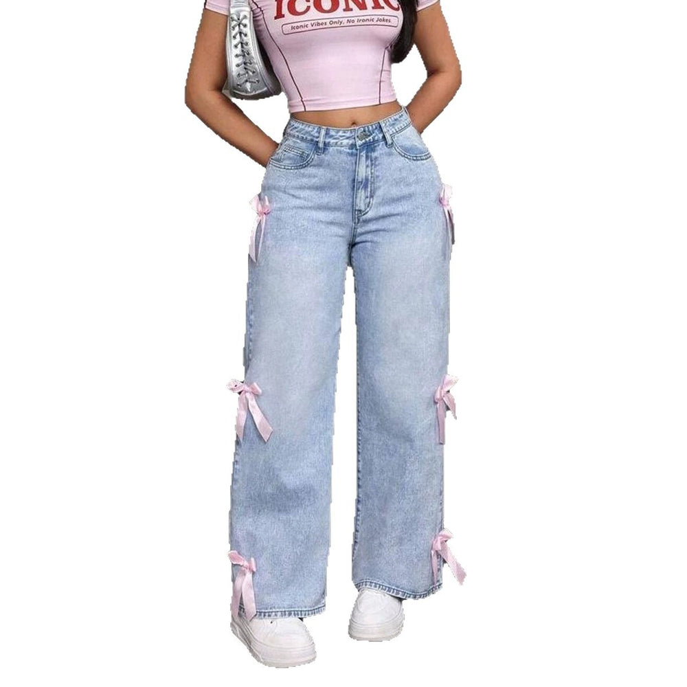 hot selling jeans women's straight-legbowspants street hot girl loose washed jeans
