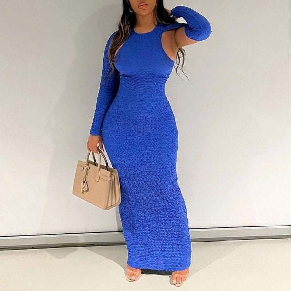 Textured fabric temperament solid color slim fit medium and long dress 2023 autumn European and American style  new women's clothing