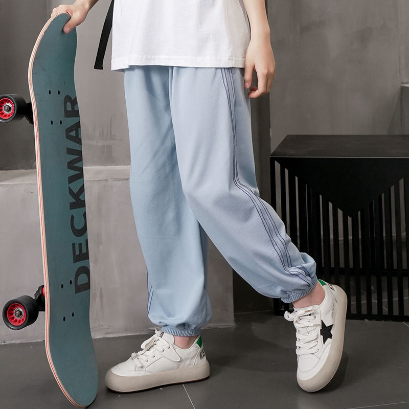 kids' summer lightweight joggers - solid color, side stripe, casual, unisex, anti-mosquito, home pants with elastic cuffs