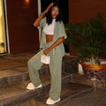 European and american women's clothing  autumn new collection: sweet and fresh turn-down collar short-sleeve shirt top and high-waisted straight-leg pants two-piece set