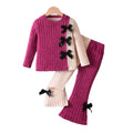 autumn girls' outfit: color block ribbed long sleeve top with bow detail and micro-flare pants - kids' two-piece set