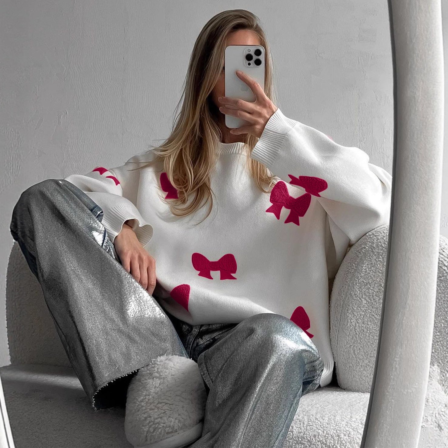 European and American  sweet wind pink bow crew neck pullover loose casual knitted sweater autumn and winter women's clothing