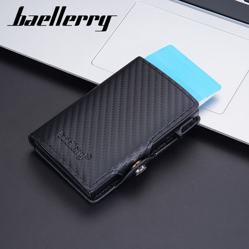 Baellerry new men's card bag carbon fiber RFID anti-theft side push buckle elastic card metal aluminum box card clip