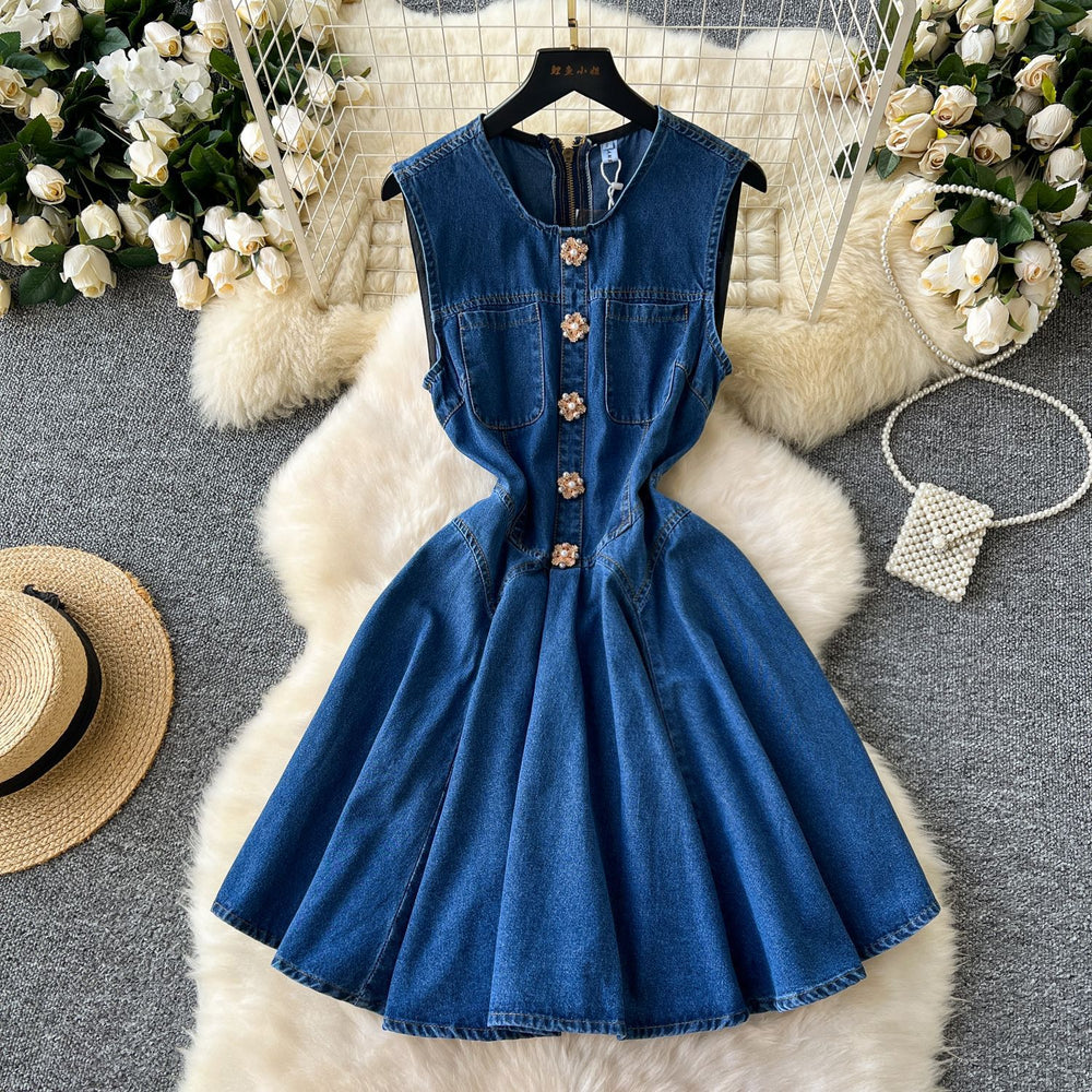 Summernew arrival sleeveless vest denim skirt women's waist slimming look heavy industry beading single-breasted pleated dress
