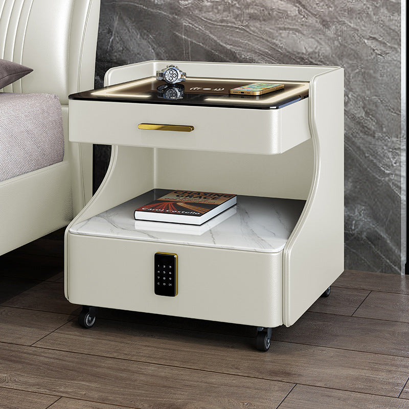 Italian smart bedside table minimalist modern leather bedroom wireless charging popular minimalist storage cabinet high-end rock slab