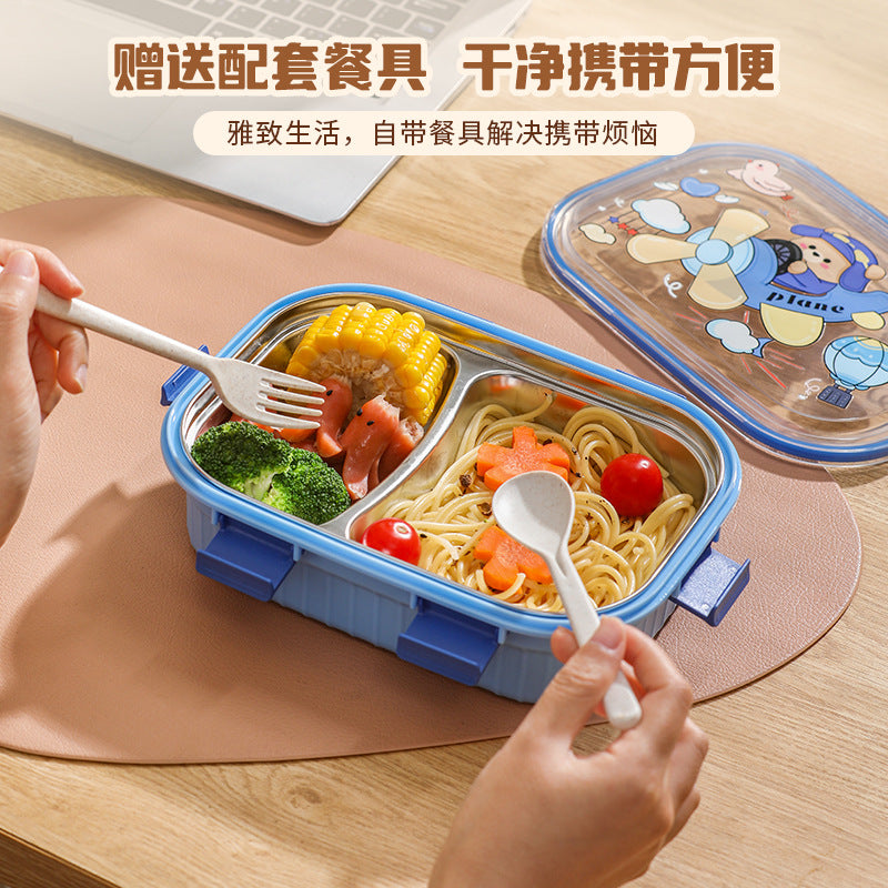 304 stainless steel divided lunch box, cartoon bento box, microwaveable, for office workers and students, includes utensils