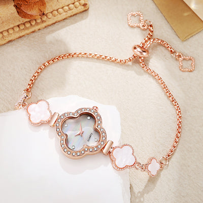 New arrival lazy pull-out four-leaf clover diamond ladies watch niche stylecasualclassy female student export bracelet watch