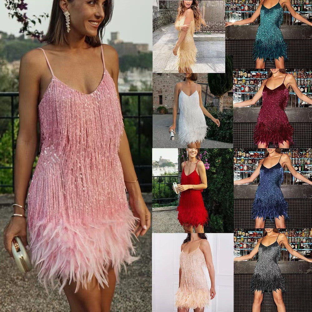 summer new fashion tassel sequin feather patchwork dress -  bestseller, ready to ship for women