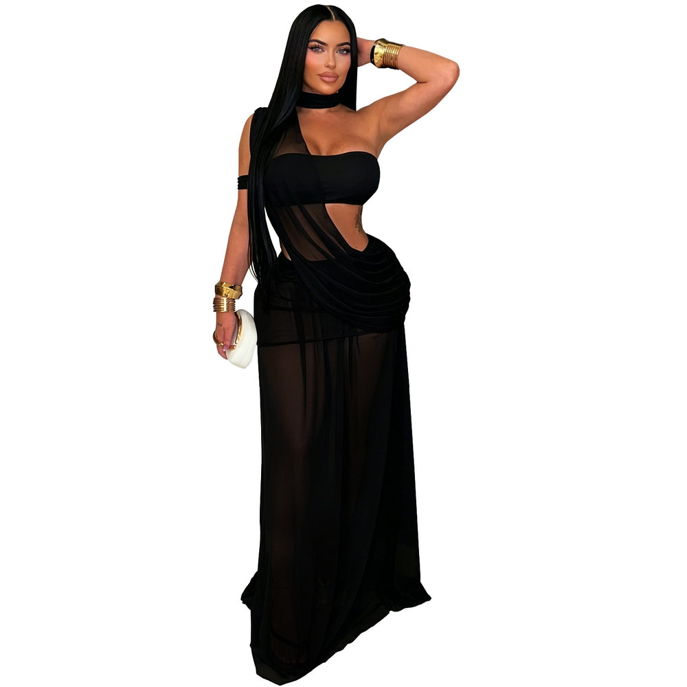 C7726 cross-border   fashion women's sexy mesh see-through bodycon mini dress