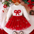 new european and american christmas top with puff sleeves + mesh skirt bow set - hot selling direct from the factory