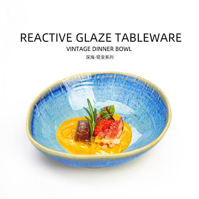 Japanese retro irregular textured stoneware ceramic bowl - vintage style unique ins hotel restaurant salad bowl dessert bowl