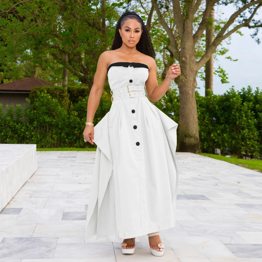 European and american new sleeveless trench dress - fashionable single-breasted wrap bust, double belted, full skirt, slim-fit dress