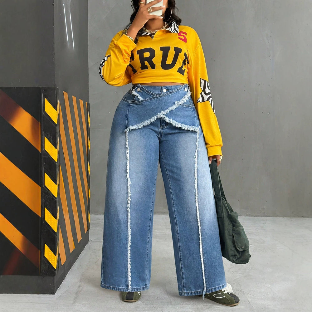 Fashionjeans women's deconstructed shredded wool patchworkhigh waistloose denim women's pants exportplus sizestylish wide-leg pants