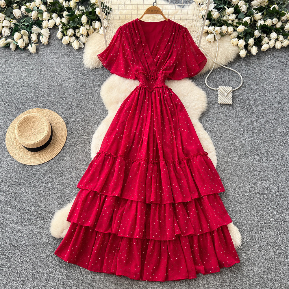 Frenchv neck red polka dot elegantdress women's summer waist slimming look a-line cake skirt dopamine style