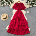 Frenchv neck red polka dot elegantdress women's summer waist slimming look a-line cake skirt dopamine style
