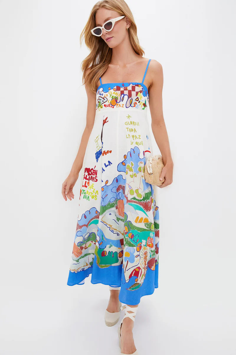 cross-border  women's new elegant high-waisted cotton linen printed camisole casual fashion dress