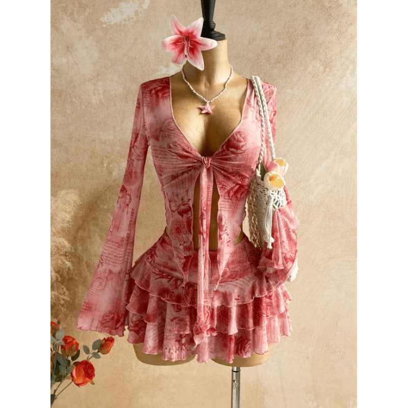 Women's summer new retro floral print tie-waist long sleeve top and midi skirt two-piece set (accessories not included)